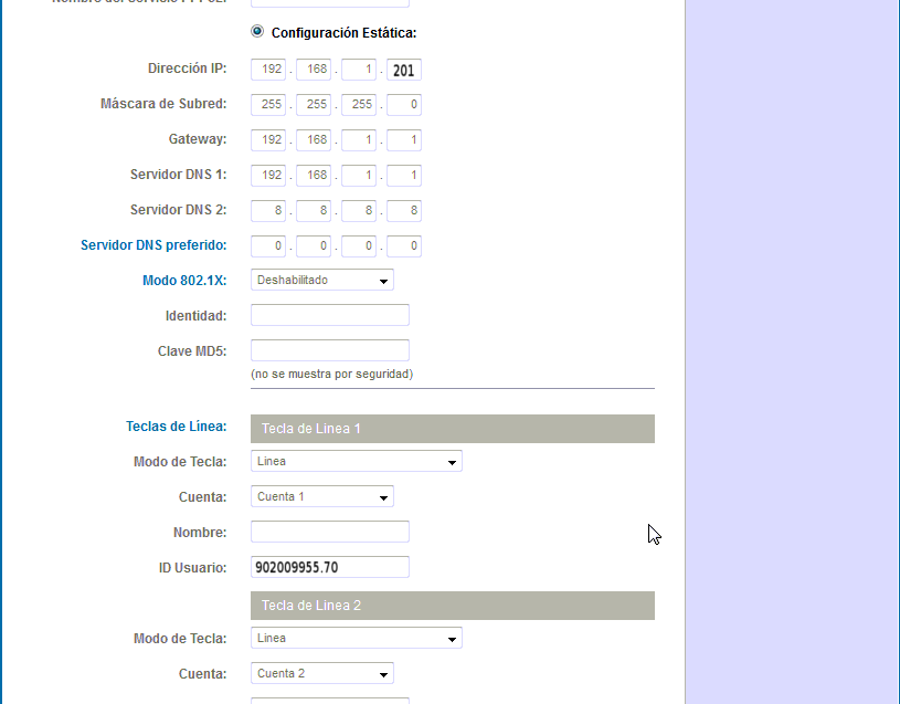 configuración parámetros del teléfono Grandstream GXP2100