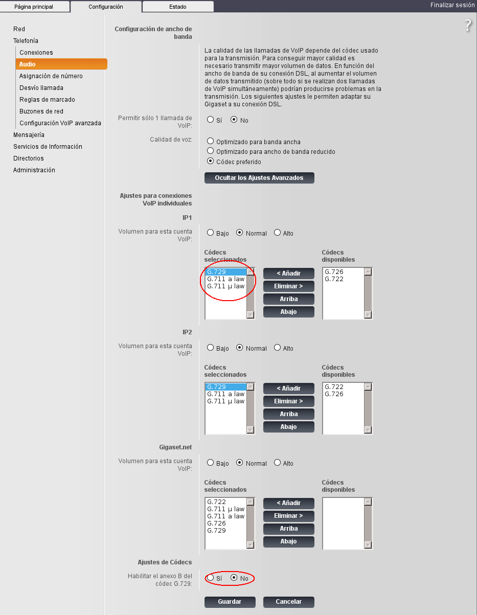 configurar audio para el siemens gigaset