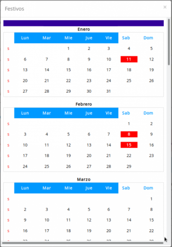 calendario dias festivos del número virtual