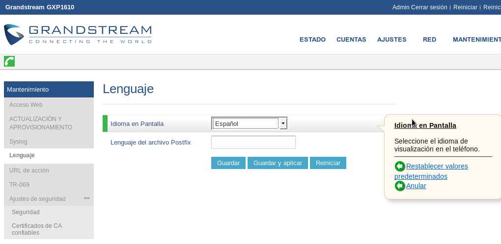 Configuración lenguaje Grandstream GPX1610